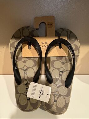 Coach Khaki and Black Signature Logo Flip Flops